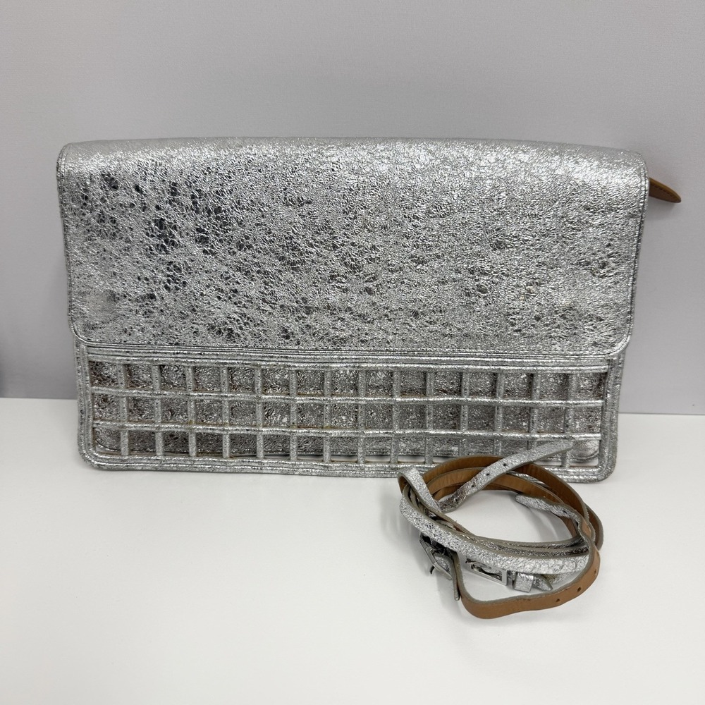 Dries Van Notten Metallic Silver Leather Shoulder Bag Clutch Purse Art To Wear